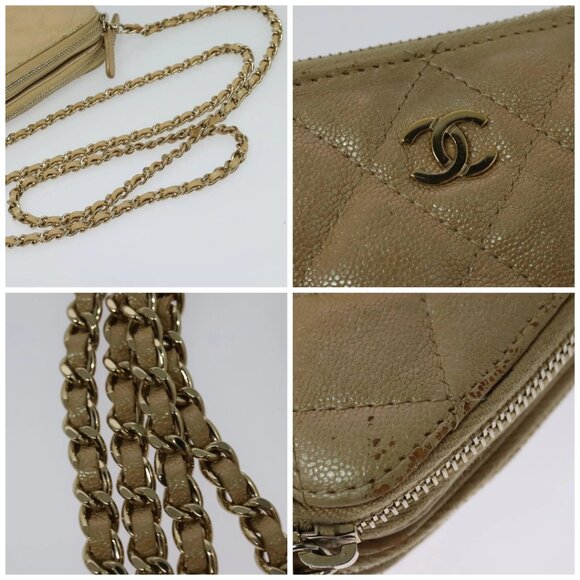 CHANEL Matelasse Chain Shoulder Bag Grained Calf Skin Beige Gold CC Auth 138257 - Picture 16 of 16